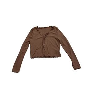 Live in the Moment Brown Ribbed Tie Front Long Sleeve Lettuce Hem Top Small Boho